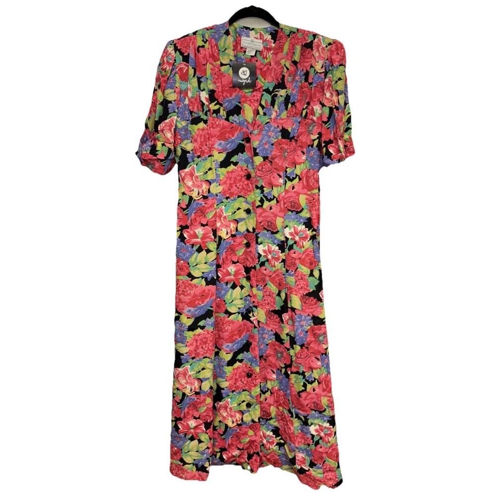 E.D. Michaels Melanie Drucker Dress Buttons Floral Print Short Sleeve Vintage